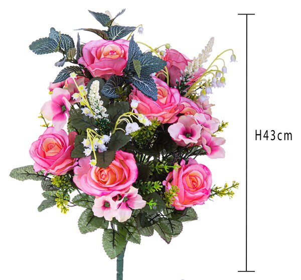 Set 2 Bouquet Artificiale Rose con Mughetti Altezza 43 cm Rosa