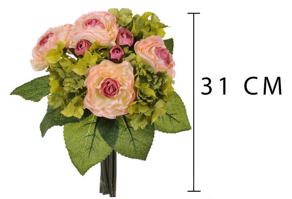 Set 3 Bouquet Artificiale di Ranuncolo e Ortensia Artificiale Altezza 31 cm Rosa