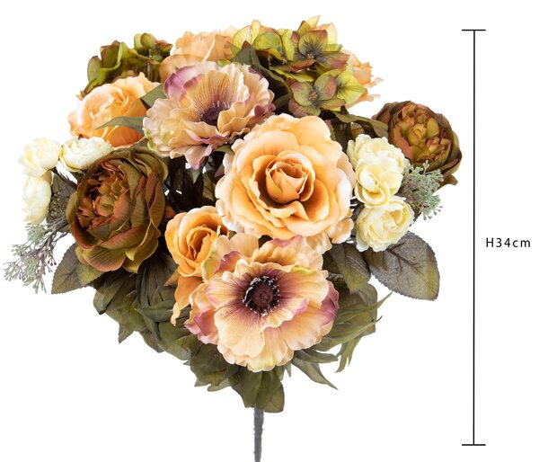 Set 2 Bouquet Artificiale Composta da Rose e Ortensie Altezza 34 cm Marrone