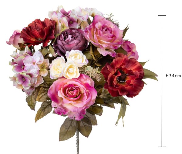 Set 2 Bouquet Artificiale Composta da Rose e Ortensie Altezza 34 cm Viola