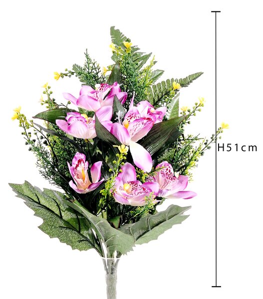 Set 4 Bouquet Artificiali Frontale di Orchidee Altezza 51 cm Viola