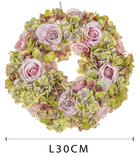 Corona Artificiale con Fiori di Rose e Ortensie