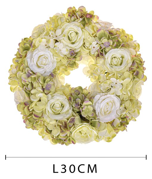 Corona Artificiale con Fiori di Rose e Ortensie