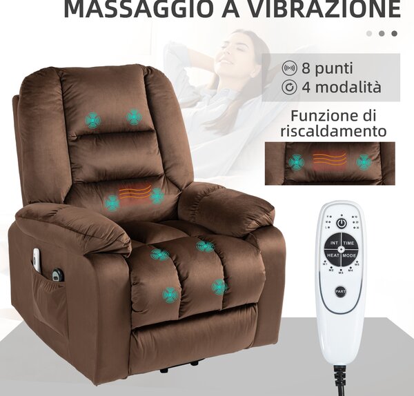 HOMCOM Poltrona Alzapersona Relax Massaggiante con Telecomando e 2 Tasche, Schienale Reclinabile a 135° e Poggiapiedi, in Velluto, Marrone|Aosom Italy