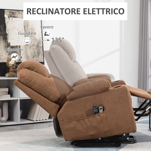 HOMCOM Poltrona Alzapersona Massaggiante a 8 Punti con Telecomando, in Tessuto Effetto Lino, 90x101x107 cm, Caffè|Aosom