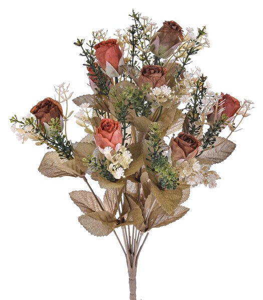 Set 4 Bouquet Artificiali con 9 Bocci di Rosa Romantica Altezza 40 cm Marrone/Ciliegia/Bordeaux