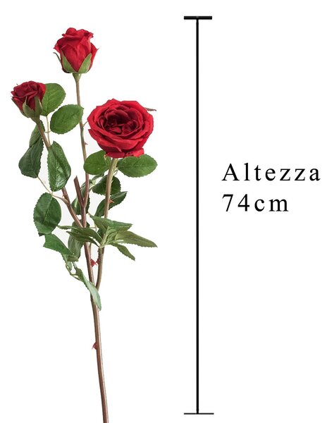 Set 3 Ramo con 3 Rose Artificiali Altezza 74 cm Rosso