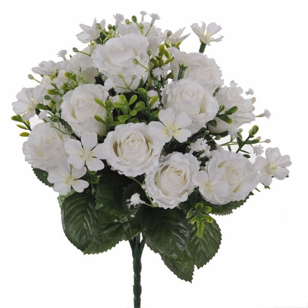 Set 2 Bouquet Artificiali di Rose e Gipsophila Altezza 33 cm Bianco