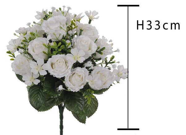 Set 2 Bouquet Artificiali di Rose e Gipsophila Altezza 33 cm Bianco