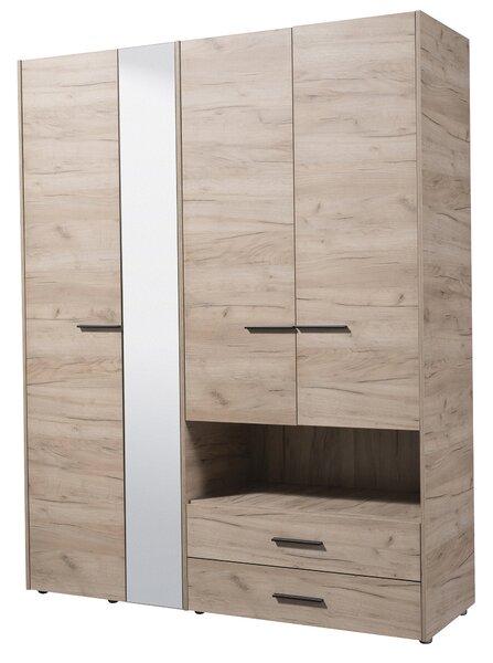 Armadio 4 Ante Battenti con Specchio 161x55x205 cm in Legno Laminato Effetto Quercia