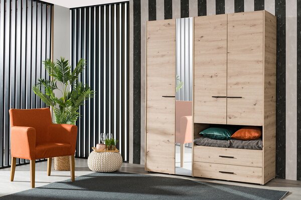 Armadio 4 Ante Battenti con Specchio 161x55x205 cm in Legno Laminato Effetto Quercia