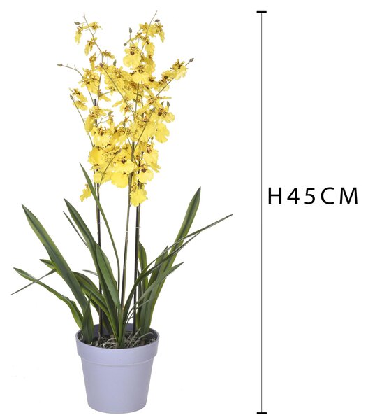 Orchidea Artificiali Oncidium a 3 Diramazioni con Vaso Altezza 45 cm Giallo