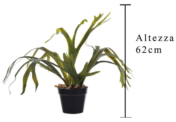 Platicerium Artificiale in Vaso con 8 Foglie Altezza 62 cm Verde