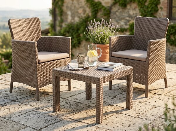 Set Tavolino e 2 Poltrone da Giardino Effetto Rattan Keter Salvador Balcony Cappuccino