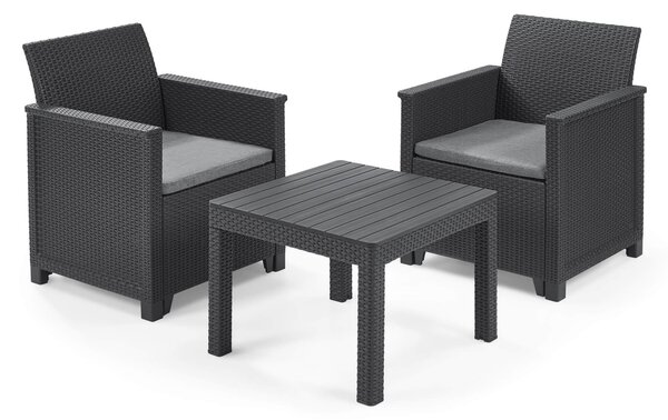Set Tavolino e 2 Poltrone da Giardino Effetto Rattan Keter Emma Balcony Antracite
