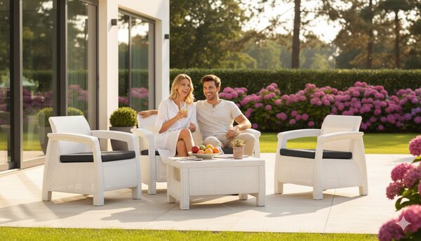 Set da Giardino Divano 2 Poltrone e Tavolino in Resina Keter Corfu Lounge Bianco