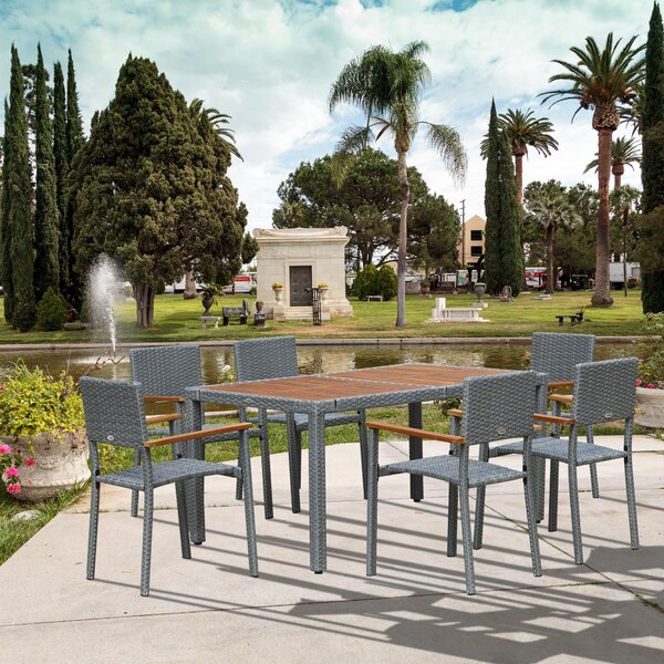 Set Tavolo e 6 Sedie da Giardino in Acciaio Legno e Rattan Grigio