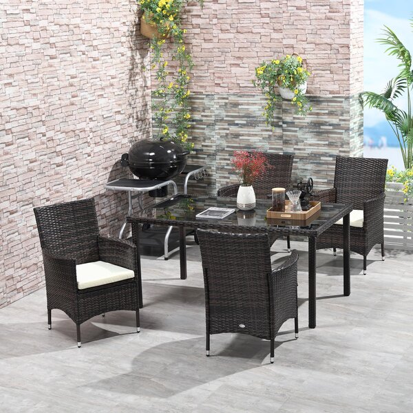 Set Tavolo e 4 Sedie da Giardino Piano in Vetro in Rattan Marrone