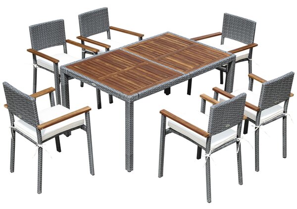 Set Tavolo e 6 Sedie da Giardino in Acciaio Legno e Rattan Grigio