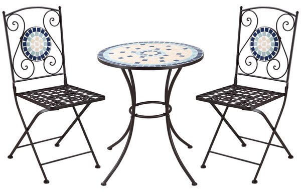 Set Tavolo e 2 Sedie Pieghevoli da Giardino con Mosaico in Metallo Nero
