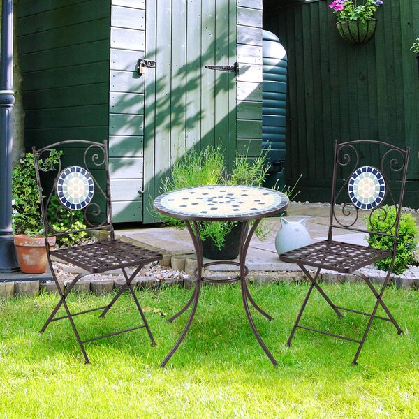 Set Tavolo e 2 Sedie Pieghevoli da Giardino con Mosaico in Metallo Nero