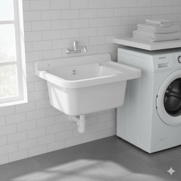 Lavatoio 50x35x24 cm Pilozzo a Parete in Resina Bianco