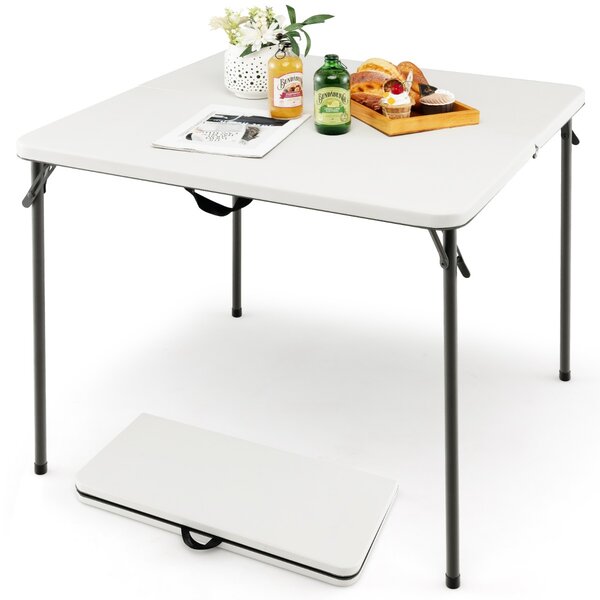 Costway Tavolo da campeggio pieghevole con maniglia e piano in HDPE resistente, Tavolino da pranzo leggero per esterni Bianco
