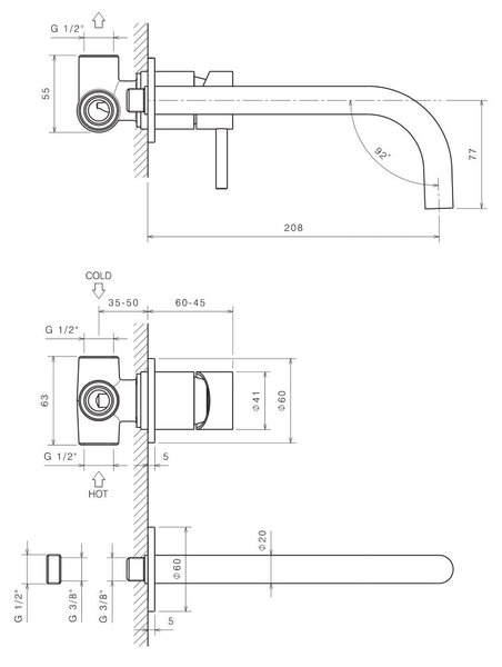 Rubinetto Miscelatore Monocomando Lavabo da Parete in Acciaio Inox Maniglia Cipria