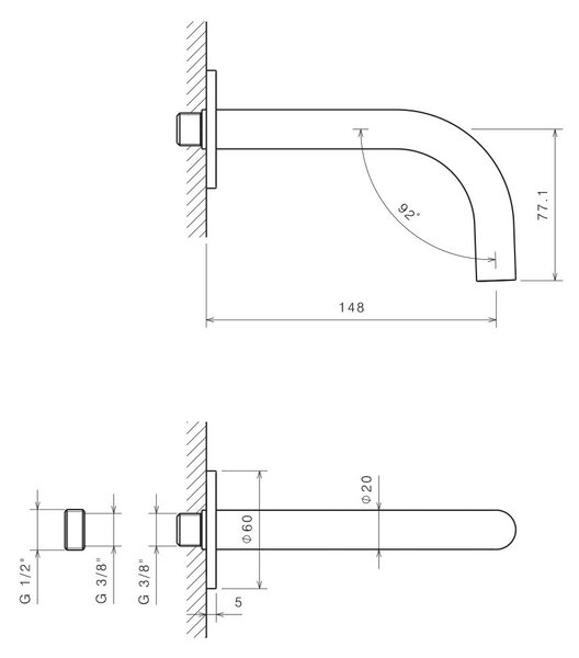 Bocca Erogazione a Parete Lavabo da 150 mm in Acciaio Inox Satinato Nilo