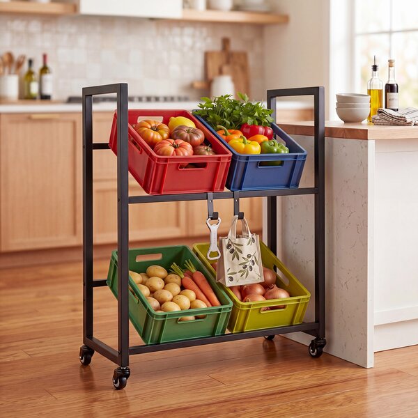 Costway Scaffale portabottiglie metallo 2 ripiani 4 ruote barre inclinabili, Scaffale casse bevande 2 ganci flessibili cucina bar