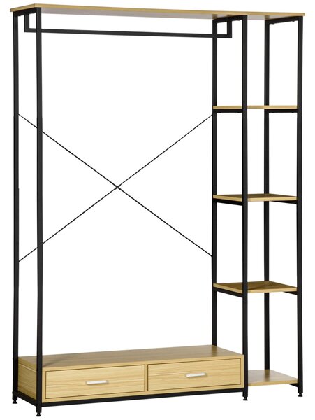 Appendiabiti con 2 Cassetti 4 Ripiani 130x40x180 cm in Acciaio e Truciolato Nero e Legno