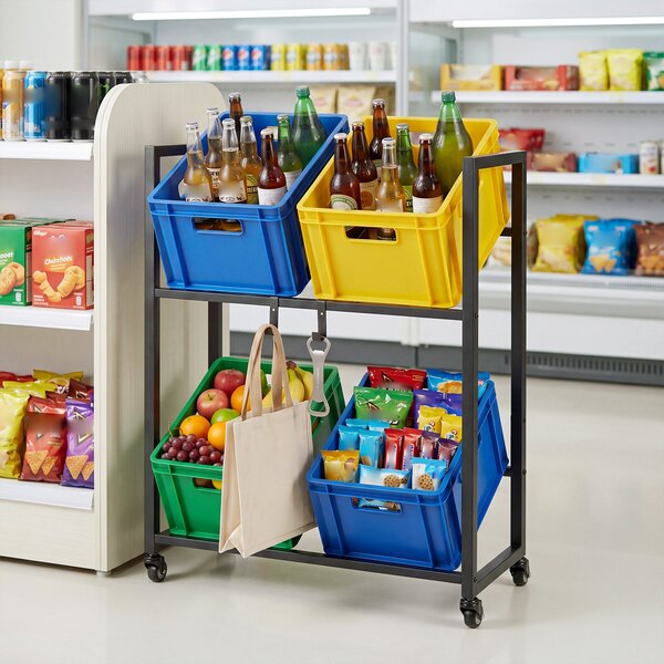 Costway Scaffale portabottiglie metallo 2 ripiani 4 ruote barre inclinabili, Scaffale casse bevande 2 ganci flessibili cucina bar