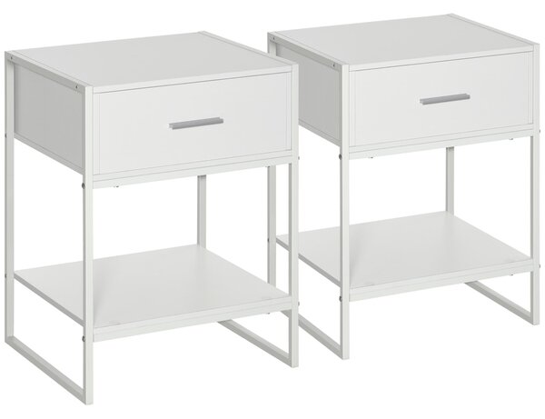 Set 2 Comodini 1 Cassetto 1 Ripiano 45x40x60 cm in Acciaio e Truciolato Bianco