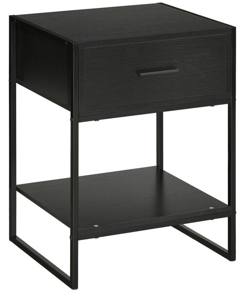 Comodino 1 Cassetto 1 Ripiano 45x40x60 cm in Acciaio e Truciolato Nero