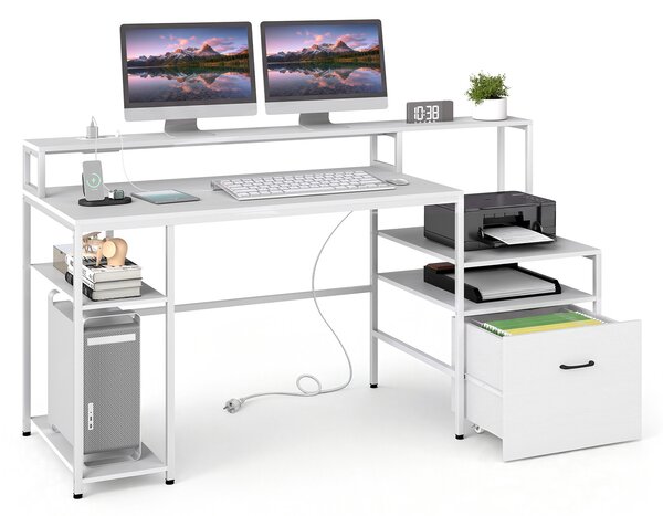 Costway Scrivania per computer con stazione di ricarica e ripiani monitor e stampante, Tavolo da gaming con ampio piano per ufficio e casa