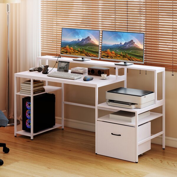 Costway Scrivania per computer con stazione di ricarica e ripiani monitor e stampante, Tavolo da gaming con ampio piano per ufficio e casa