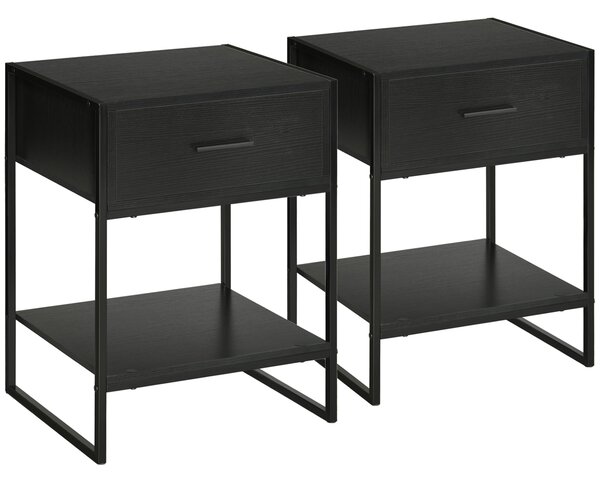 Set 2 Comodini 1 Cassetto 1 Ripiano 45x40x60 cm in Acciaio e Truciolato Nero