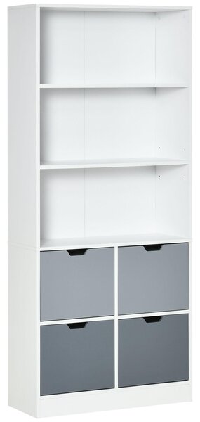 Libreria 4 Cassetti 3 Ripiani 76x30x173 cm in MDF e Truciolato Bianco e Grigio