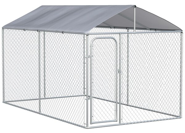 Recinto per Animali Domestici con Tetto 400x230x232 cm in Acciaio e Tessuto Oxfod Argento