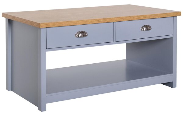 Tavolino 2 Cassetti 1 Ripiano 99x55x50,5 cm in MDF Grigio e Legno