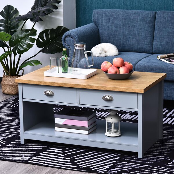 Tavolino 2 Cassetti 1 Ripiano 99x55x50,5 cm in MDF Grigio e Legno