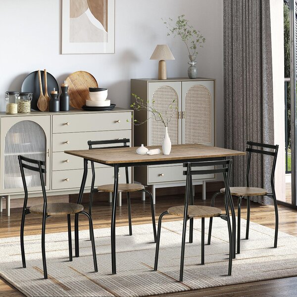 Set Tavolo e 4 Sedie in Acciaio e MDF Noce