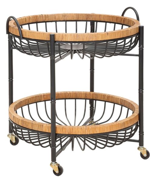 Carrello 2 Ripiani 57x55,5x62,5 cm con Ruote in Metallo e Rattan