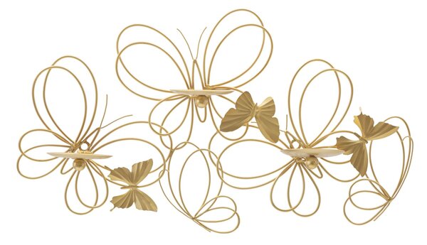 Portacandele da Parete 3 Posti 61x12x34 cm Farfalle in Metallo Oro