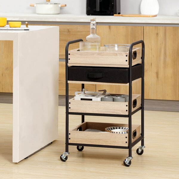 Carrello da Cucina 4 Livelli 45x35x79,5 cm con Cassetto e Vassoi Portavivande in Legno e Acciaio