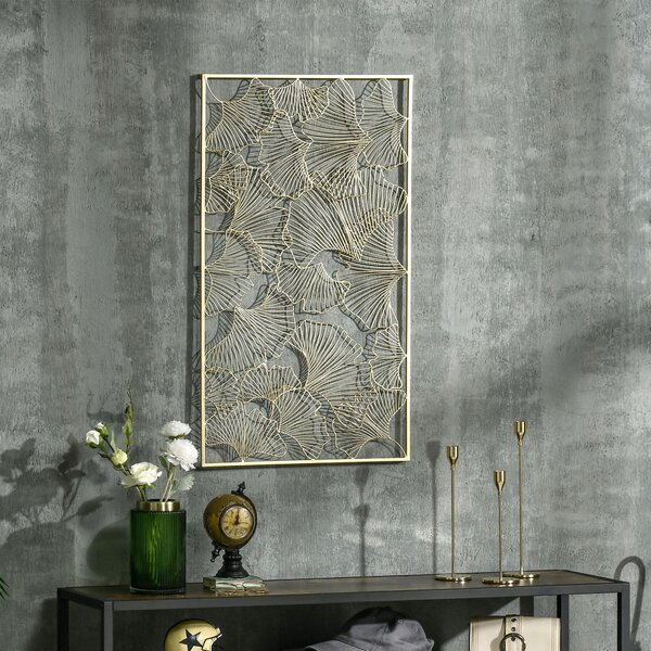 Decorazione Murale 3D Rettangolare 50x85 cm in Metallo Foglie di Ginkgo Oro