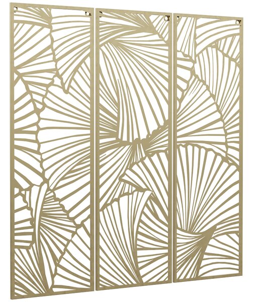 Decorazione Murale 3 Pezzi 30x90 cm in Metallo Foglie di Ginkgo Oro