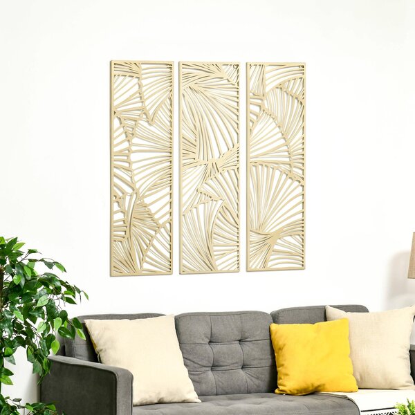 Decorazione Murale 3 Pezzi 30x90 cm in Metallo Foglie di Ginkgo Oro