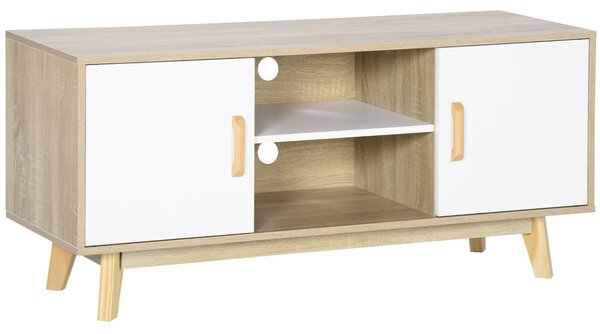 Mobile TV 2 Ripiani 2 Ante 120x40x55 cm per TV fino a 55" in Legno Naturale e Bianco