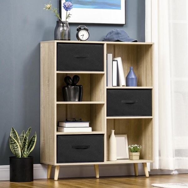 Libreria 4 Ripiani 3 Cassetti 90x30x102,5 cm in Legno e Tessuto